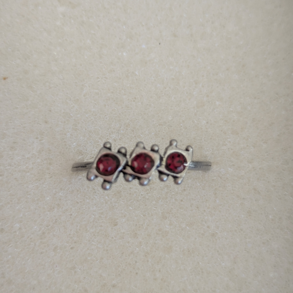 Ring Silver Color Triple Red Stone Ring